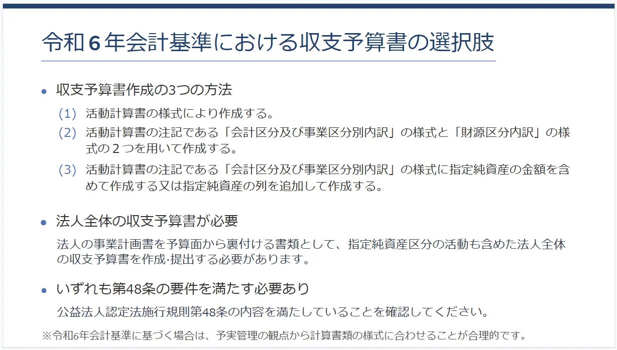 令和6年会計基準における収支予算書の選択肢