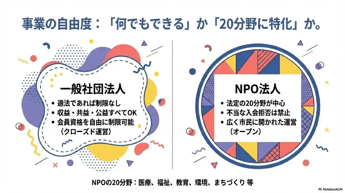 事業の自由度 何でもできるか20分野に特化か