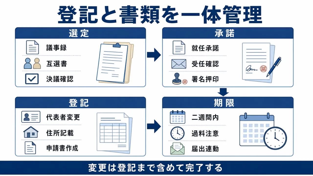代表理事の選定から就任承諾、変更登記までの流れ