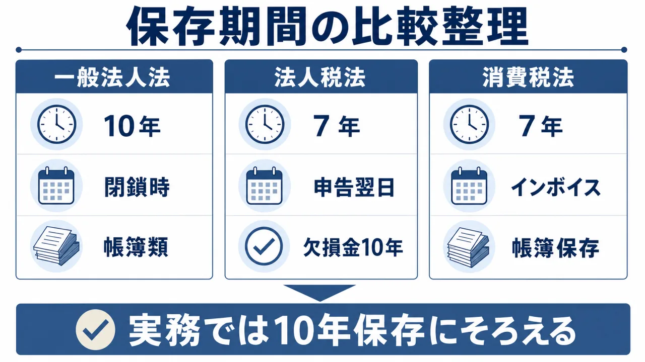 各法律における帳簿書類の保存期間比較