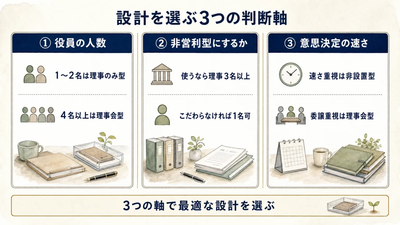 機関設計を選ぶための3つの判断軸（役員人数・非営利型・意思決定の速さ）