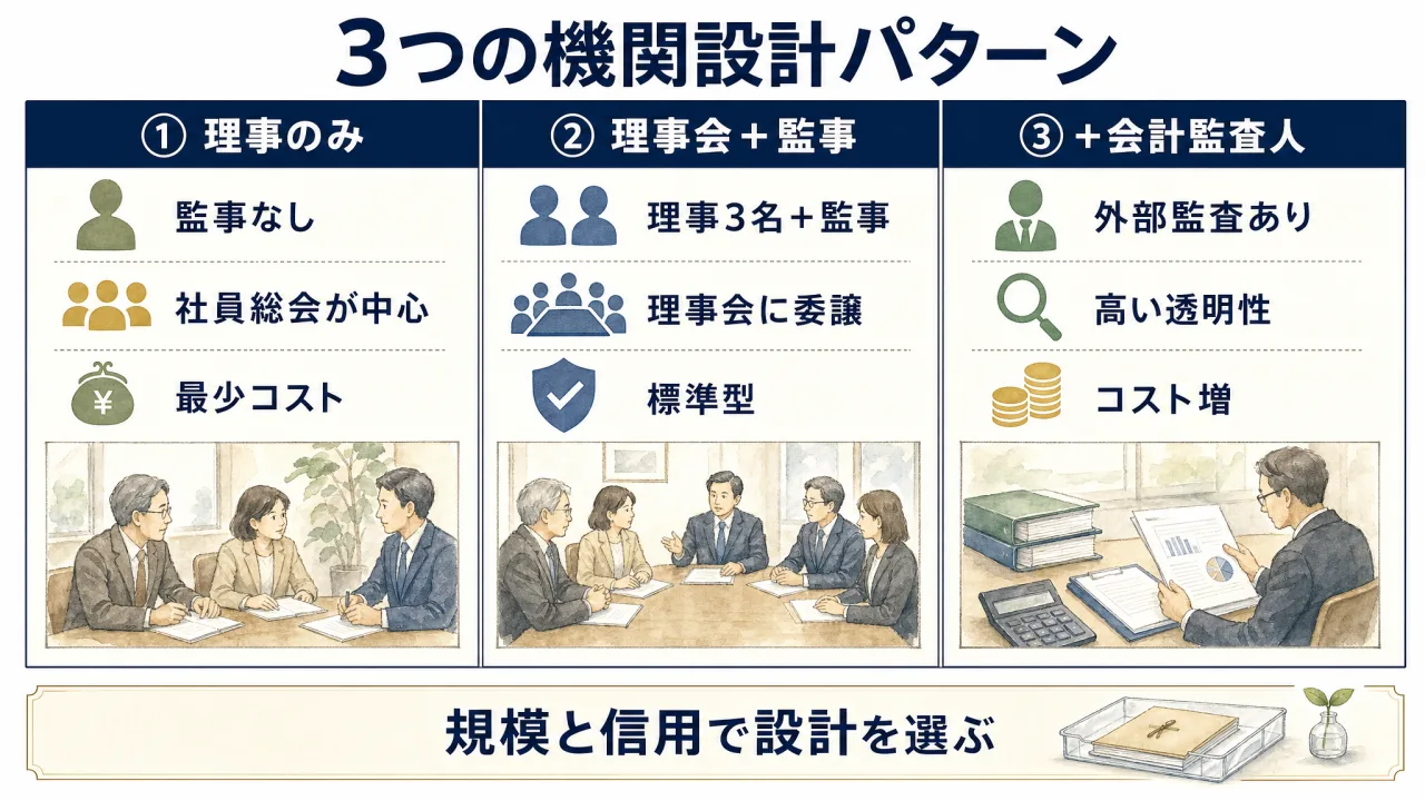 3つの機関設計パターン（理事のみ・理事会＋監事・会計監査人設置型）の比較