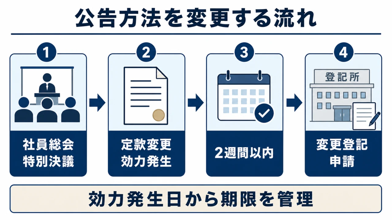 公告方法を変更するときの定款変更と登記申請の流れ