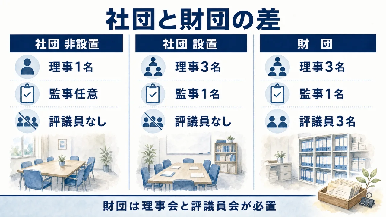一般社団法人と一般財団法人の機関構成と最低人員の比較