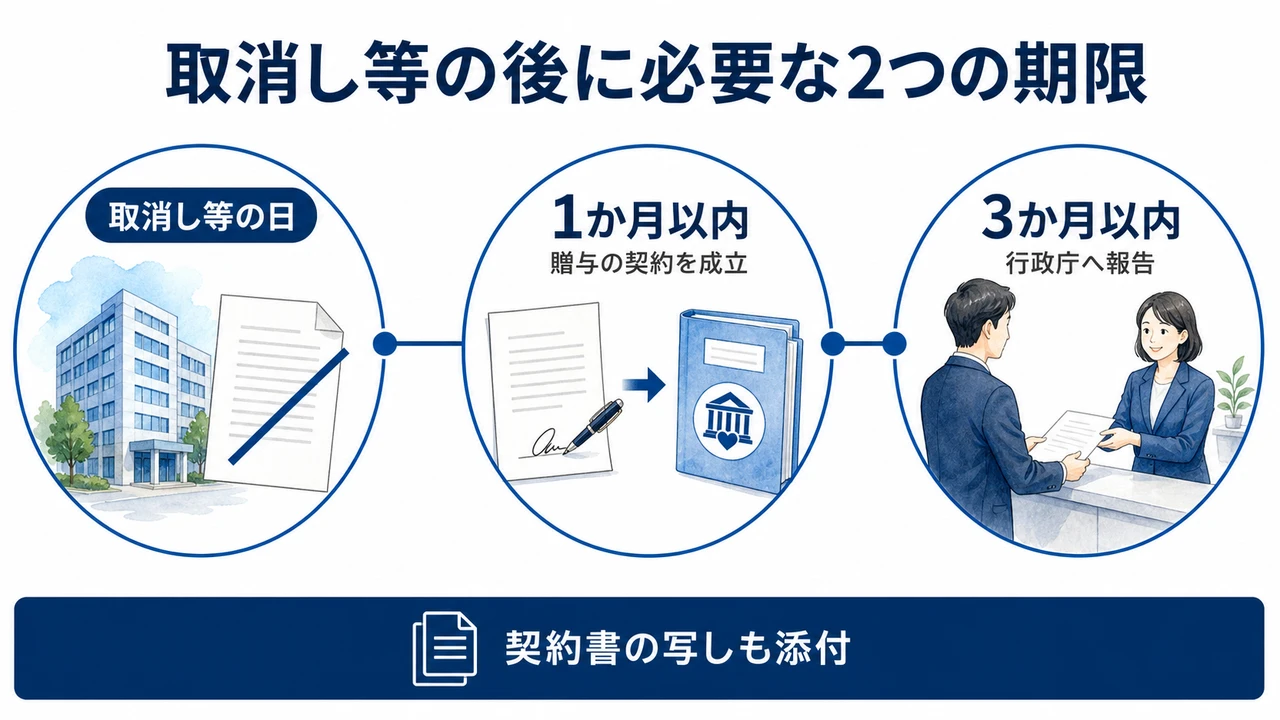 公益認定の取消し等の後に必要な1か月以内の契約成立と3か月以内の行政庁への報告