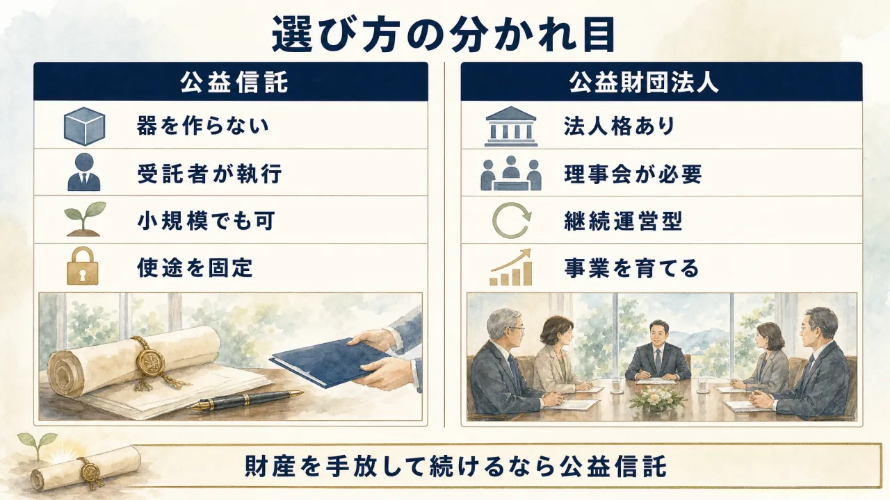 公益信託と公益財団法人の構造の違い