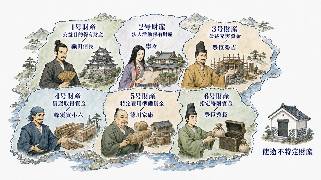 6人の大名が治める領地と、どの領地にも属さない蓄えの見取り図