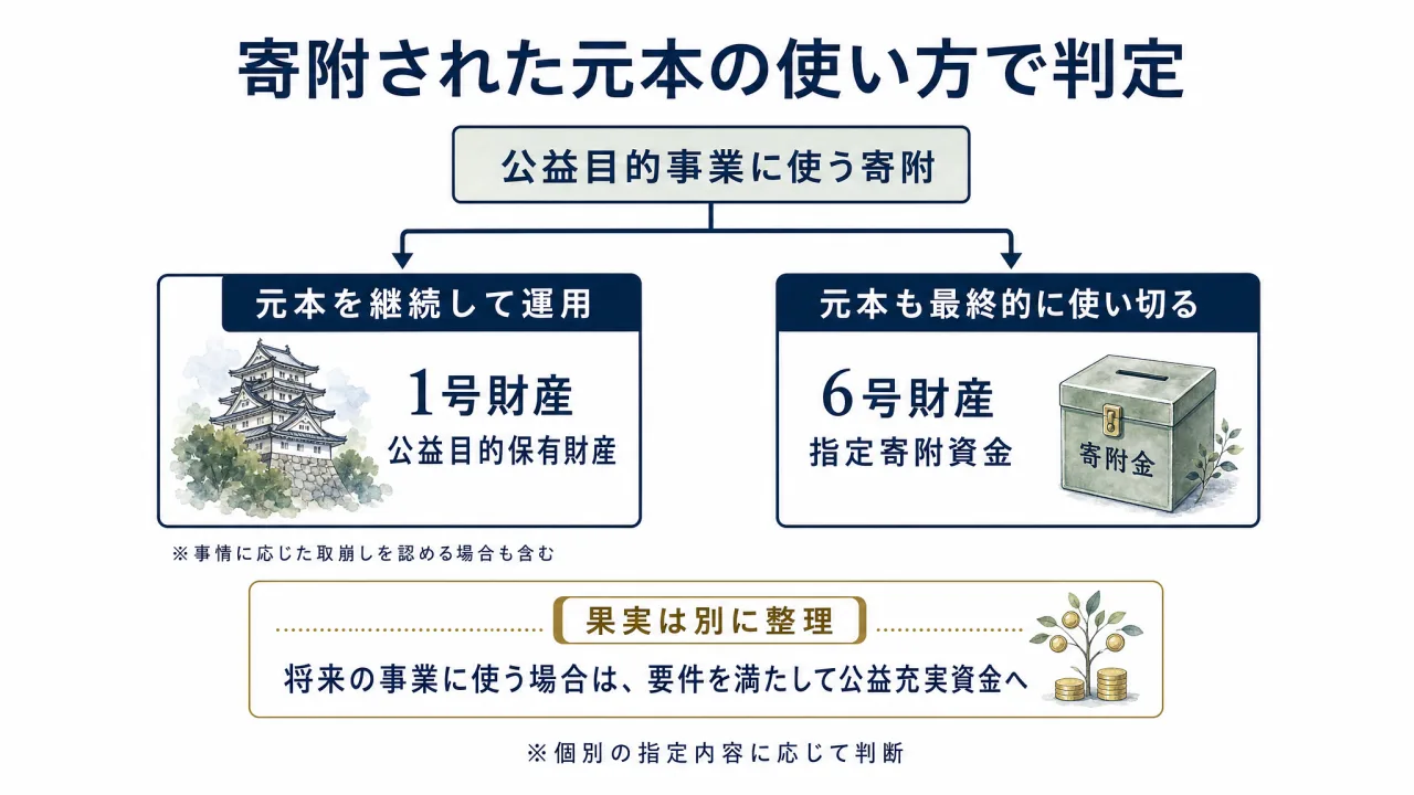 寄附者の使途指定がある財産を1号財産と6号財産に振り分ける判定の流れ