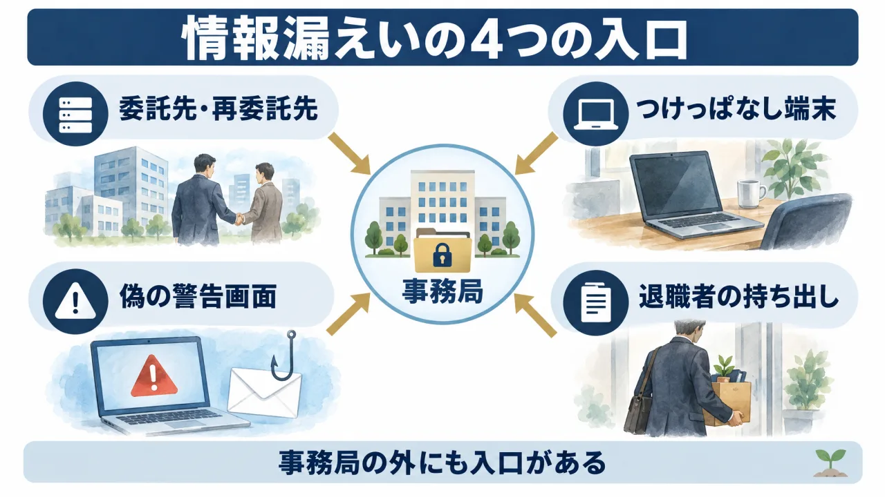 委託先・再委託先、つけっぱなしの端末、偽の警告画面、退職者の持ち出しの4つの入口から事務局の情報が漏れることを示す図