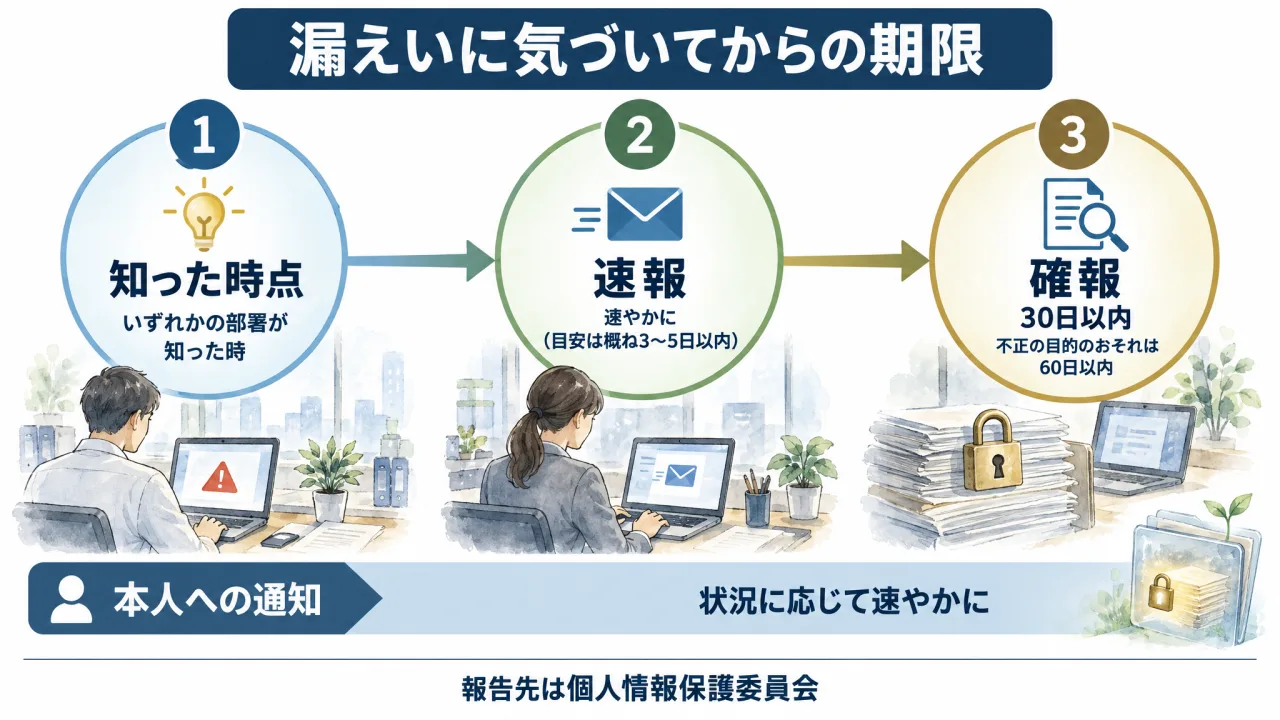 漏えいを知った時点から、速報は速やかに（目安は概ね3〜5日以内）、確報は30日以内（不正の目的のおそれは60日以内）、本人への通知は状況に応じて速やかに行うことを示す図