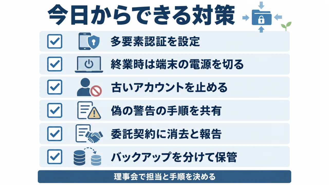 多要素認証、終業時の電源断、古いアカウントの停止、偽の警告への手順、委託契約、バックアップの分離の6つの対策を並べたチェックリスト